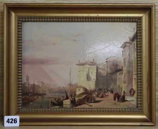 Early 19th century French School River town scene with boats and figures looking on 19 x 25cm